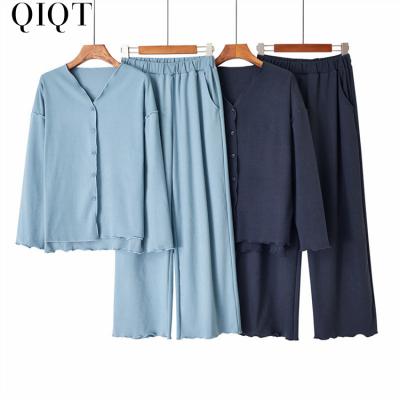 China Simple Casual Wear Suit Best Design Autumn Winter Ladies Pajamas Ruffled Cardigan Breathable Pure Color for sale