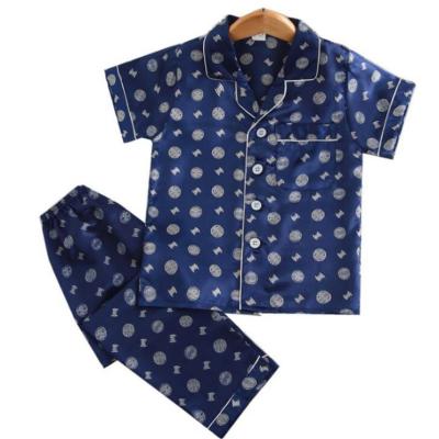 China Latest Design Breathable SHINY Summer Printed Ice Silk Button Shorts Set Kids Nightgowns Kids Sleepwear for sale