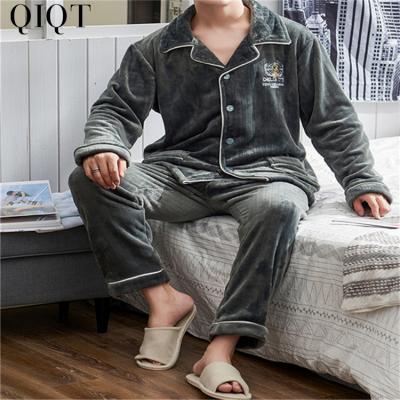 China New Style Autumn Winter Solid Color Flannel Shiny Pajamas Soft Warm Breathable Men's Sleepwear Two Piece Set for sale