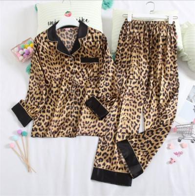 China Hot Selling QUICK DRY Leopard Print Silk Pajamas Long Sleeve 2 Piece Nightgowns For Woman for sale