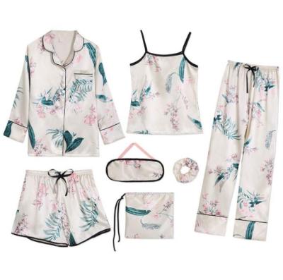 China Bestselling SHINY QUICK DRY 7 Pieces Set Ice Floral Print Silk Top And Pants Homer Wear Sleepwear For Women for sale