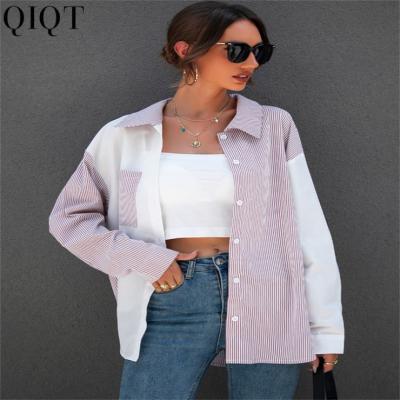 China SHINY Anti-wrinkle New Trendy Autumn Thin Striped Stitching Contrast Shirt Quick-drying Casual Jacket Women for sale