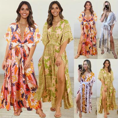 China Bohemian Floral V-Neck Summer Plus Size Smocked Plus Beach Maxi Dresses, Long Waist Cover Up Beach Dress Swimsuit Bathing Robe For Women for sale