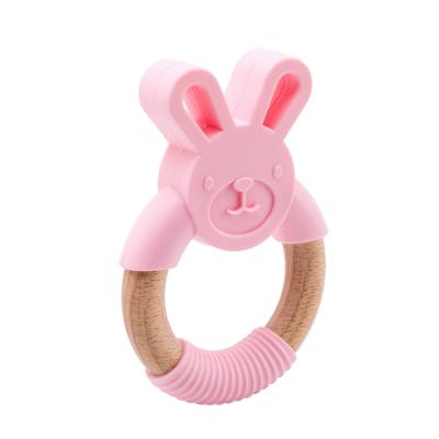 China Toy Cute Bunny Pendant Custom soft Logo Food Grade Wooden Baby Teether Toy Silicone Teething Ring for sale