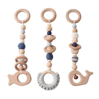 China Baby Hanging Toy Soft Gym Toys Teether Organic Wooden Whale Fish Ring Silicone Crochet Beads Play for sale