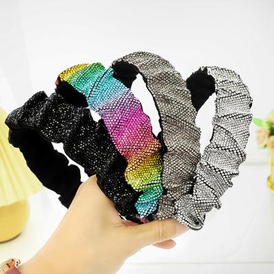 China Fashional Lady Wholesale Korean Fashion New Hot Headband Women's Stunned Full Rhinestones Pretty Wrinkle Drill Headband Luxury Hair Accessories for sale