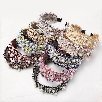 China Cute ladies tweed headband boutique shabby hair accessories pearl embellished Korean fashionable hair band style wholesale for sale