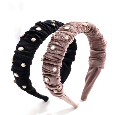 China Pretty Lady Winter Autumn Trendy Rhinestone Pearl Headbands Fashional Women's Fashion Scrunchy Headband Velvet for sale