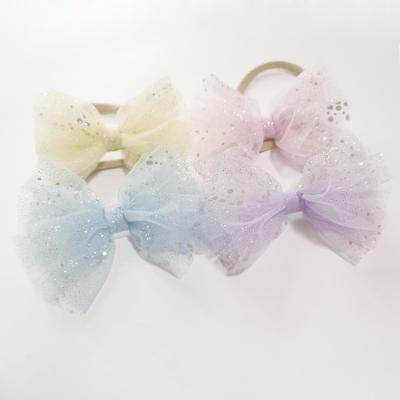 China Lovely Lovely Shinny Strechy Headbands Baby Girls Hairband Baby Bow Tulle Glitter Glitter Super Soft Nylon Korean Kids Hair Accessories for sale