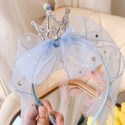 China Large Princess Girls Gauze Bow Headbands Diamond Glitter Crown Headbands Birthday Party Cute Cute Hair Accessories For Kids 2020 for sale