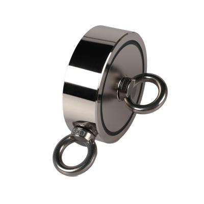 China Industrial magnet PMR-D107mm 1000lb per side double ring neodymium fishing tackle permanent magnet with rope for sale