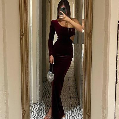 China Breathable GM Velvet Elegant One Shoulder Long Sleeve Side Hollow Out Hole Tube Evening Lady Dress 2022 Party Club Women Clothes for sale