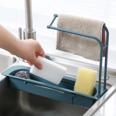 China Expandable Organizer Stocked Sink Drain Rack Kitchen Sink Storage Drain Basket C97 Sponge Soap Shelf Telescopic Drain Rack for sale