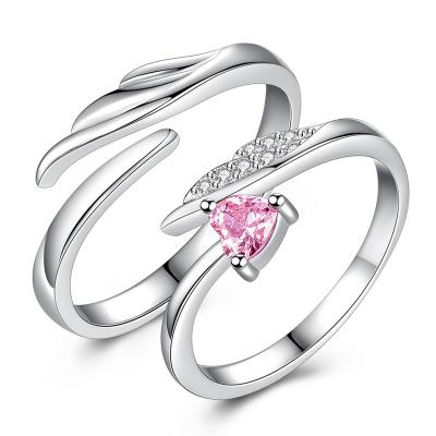 China FASHIONABLE Anillos Para Pareja 925 Wing Heart Pink Bridal Ring Silver Plated Wedding Rings Set For Couples for sale