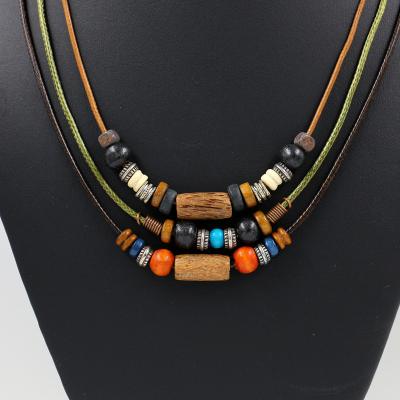 China FASHIONABLE Handmade Multilayer Colorful Wood Beads Long Vintage Woven Collar Necklace For Women Men for sale