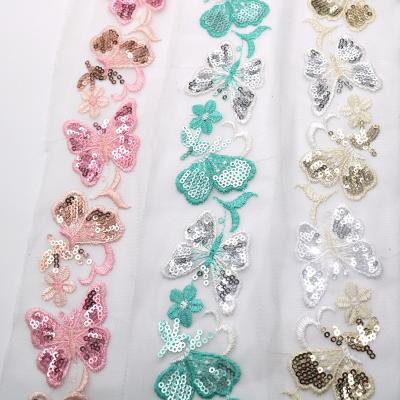 China Wholesale Water Soluble Shiny Embroidery Butterfly Pattern Sequin Lace Trim Tape For Wedding for sale