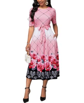 China Anti-Static Spring Summer Max 5xl Plus Size Floral Print Belted Elegant Pink Midi Casual Dress For Women for sale