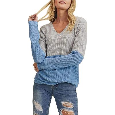 China Spring Two Color Anti-pilling Quilting Long Sleeve Loose Pullovers V-Neck Tops Women's Waffle Knitted T-Shirts for sale