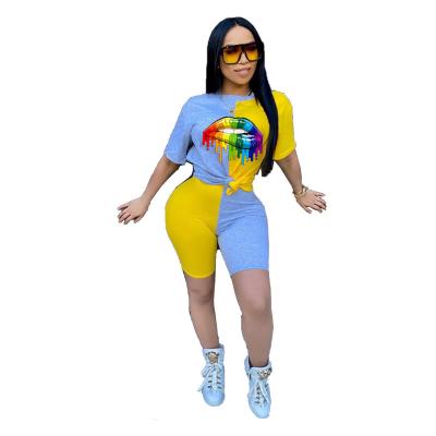 China Fashion anti-pilling color casual contrast stitching print colorful short sleeve lip two-piece sportswear set for ladies for sale