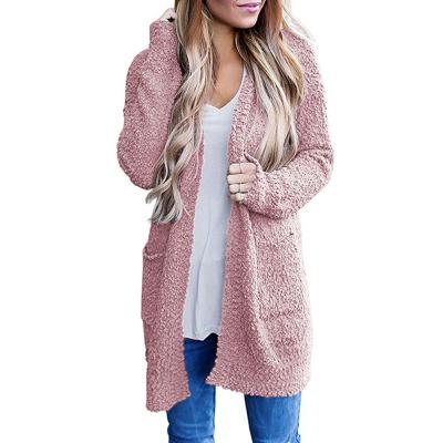 China Anti-wrinkle spring solid color V-neck long sleeve patchwork pockets daily grainy fleece cardigan for women for sale