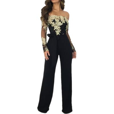 China 2022 Anti-pilling lace elegant sexy patchwork off the shoulders high waist belted women's overalls for sale