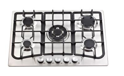 China Auto Igntion Stainless Steel Gas Hob With Cast Iron Pan Supports Five Burner for sale