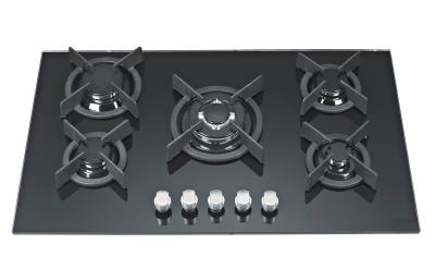 China Full Black Built In 5 Burner Gas On Glass Hob With Cast Iron Pan Support for sale