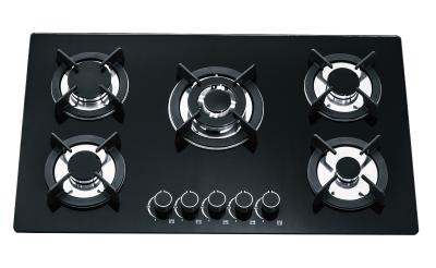 China 5 Ring Built In Kitchen Gas Hobs , Black Glass 5 Burner Gas Hob 90cm for sale