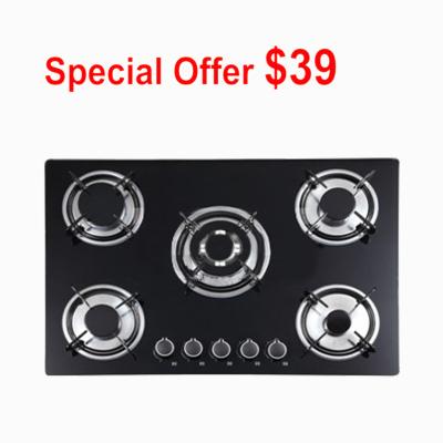 China Black Built In 5 Burner Gas On Glass Hob With Electric Ignition / Enamel Pan Support for sale