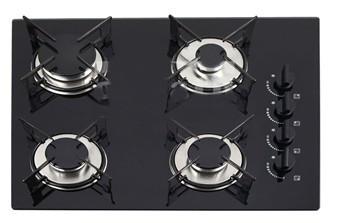 China Black Tempered Glass Top Gas Hob / 4 Burner Cooktop With Enamel Pan Support for sale