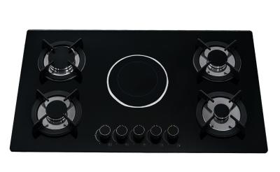 China Kitchen equipment 4 burner Gas Hob Gas Stove + 1 Electric Gas Hob for Kitchen with black glass material for sale