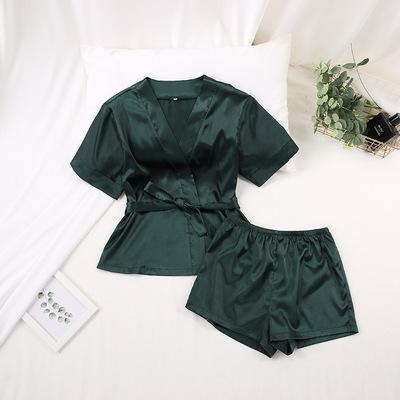 China Customized QUICK DRY Satin Two Piece Short Wrapped Cardigan Shorts Lace Up Pajama Sets For Women for sale