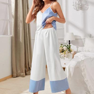 China Customized Blue White Stitching Set QUICK DRY Suspender Long Pants Contrast Satin Nightgown Pajamas for sale