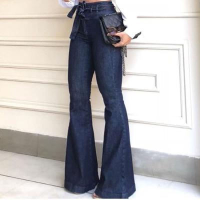 China QUICK DRY Customized Fashion High Waist Elastic Lace Up Pants Wide Leg Flared Trousers Office Ladies Jeans for sale