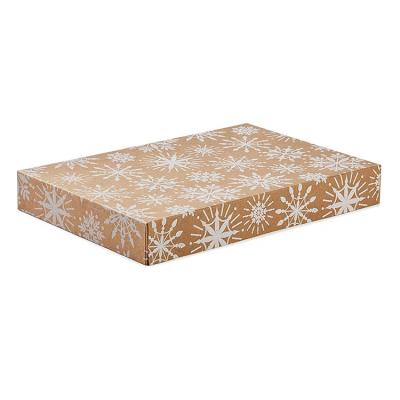 China Wholesale Recyclable White Snowflakes On Custom Brown Kraft Paper T-Shirt Boxes Kraft Paper Clothing Packaging Box For Christmas for sale