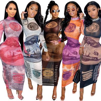 China Amazon anti-static fashion hot sexy mesh persp printed silver dollar pencil dress lady long fake neck tailored clothes bodycon dress woman for sale