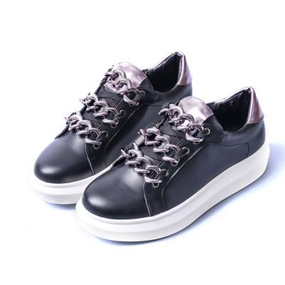 China Cushioning Sneaker Manufacturer Wholesale New Latest Breathable Leather Flat Sneakers Black Sports Shoes For Women for sale