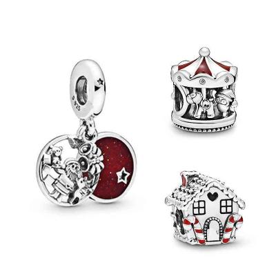 China 925 Sterling Silver Red Santa Claus Christmas House Charms Pendants Fit Bracelets Women Jewelry Christmas Gift for sale