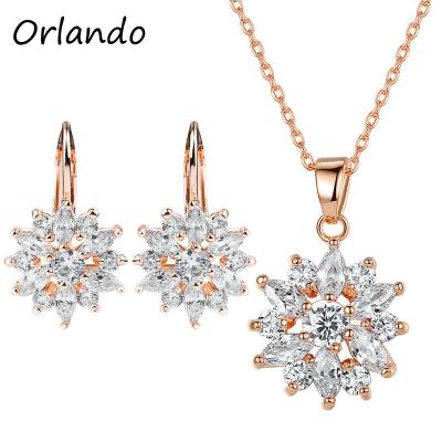 China Romantic Rose Gold Plated Diamond Earring Necklace Bridal Jewelry Sets For Woman Wedding for sale