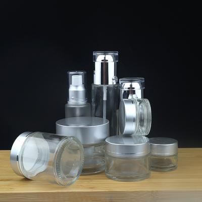 China Personal Care Custom Private Label Skincare Jars Empty Luxury Jars And Pump Frosted Skincare Cosmetic Glass Jar Set for sale