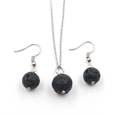 China FASHIONABLE Silver Plated Natural Gemstone Beads Black Lava Rock Round Earring Pendant Jewelry Set for sale