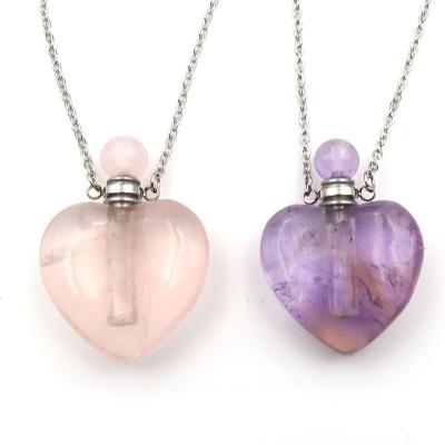 China New Fashion Trendy Silver Plated Natural Stone Crystal Heart Shape Perfume Bottle Pendant Necklace for sale