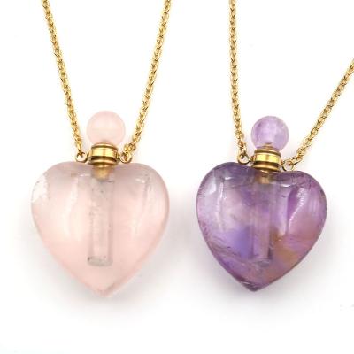 China Fashionable Style Romantic Gold Plated Rose Quartz Amethyst Heart Perfume Natural Mini Essence Oil Bottle Pendant for sale