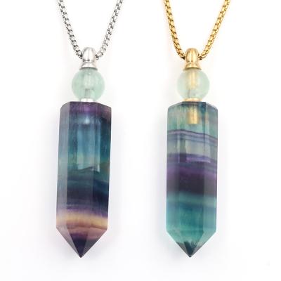 China Fashionable Wholesale Silver Plated Natural Rainbow Fluorite Hexagon Prism Perfume Bottle Pendant for sale