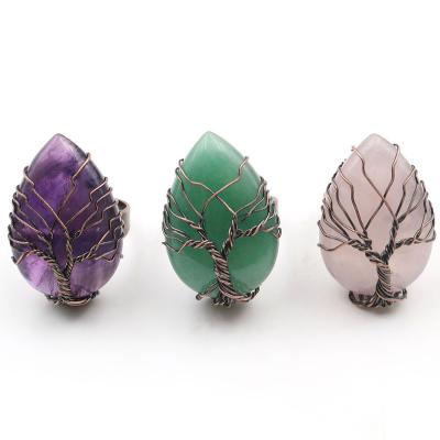 China Natural Stone Crystal Life Tree Water Drop Ring Accessories Vintage Reiki Charms Adjustable Jewelry for sale