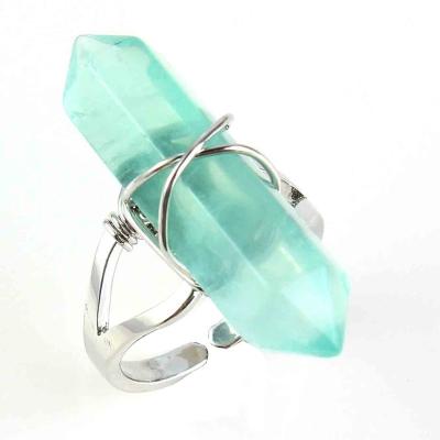 China FASHIONABLE Silver Plated Adjustable Stone Finger Ring Fashion Jewelry Green Hexagon Column Fluorite for sale