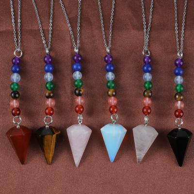 China FASHIONABLE Small Size Natural Stone Hexagonal Hexagonal Pendulum 7 Cone 7 Chakra Healing Amulet Reiki Pendant Necklace for sale