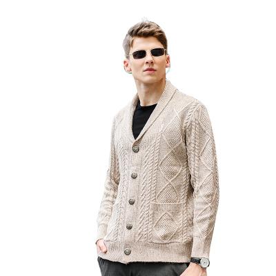 China Custom Autumn Anti-Wrinkle Man Long Sleeve Woolen Turn-Down Turn-Down Cable Collar Sweater Cardigan Men Knit Cardigans for sale