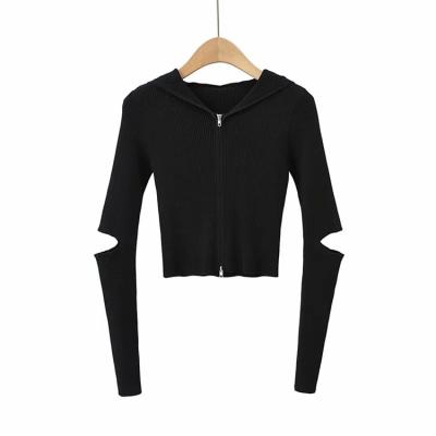 China Autumn Women Long Sleeve Top 100% Cotton Crop Hoodie Anti-wrinkle Hollow Zipper Hoodie Sweater for sale