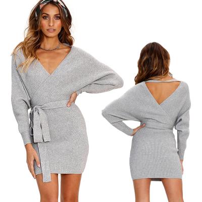 China New Style Anti-Static Simple Deep V-Neckline Loose Knit Sexy Sweater Dress And Belt For Elegant Dress Women Knit Sweater for sale